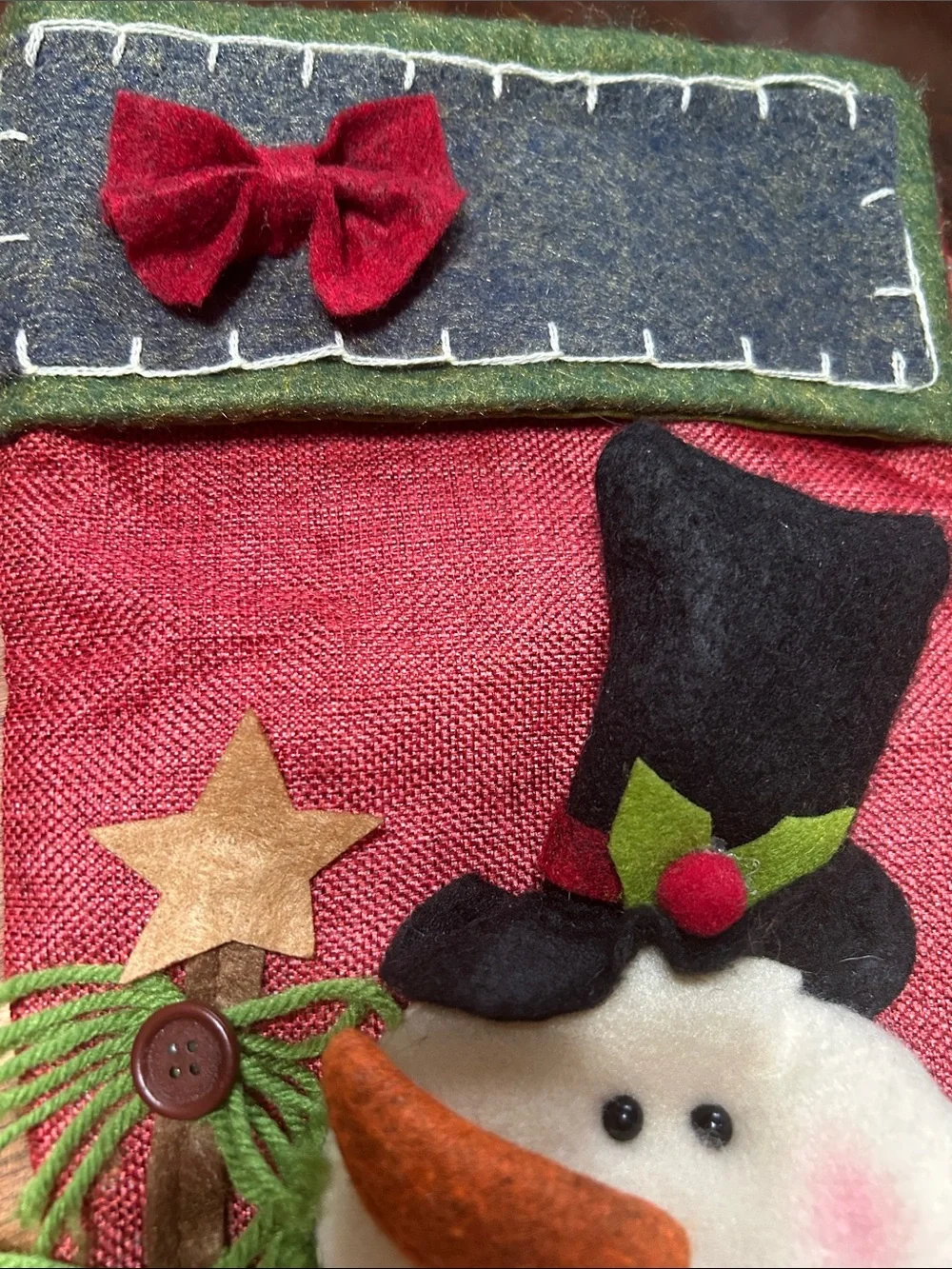 Whimsical 3D Burlap & Felt Snowman Wearing a Scarf Hangable Christmas Stocking